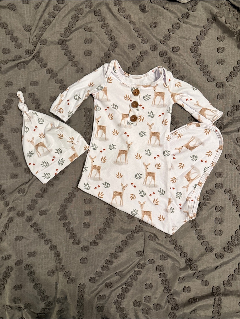 Caden Lane White Knit Baby Knotted Gown & Hat with Tan Deer and Green Leaves